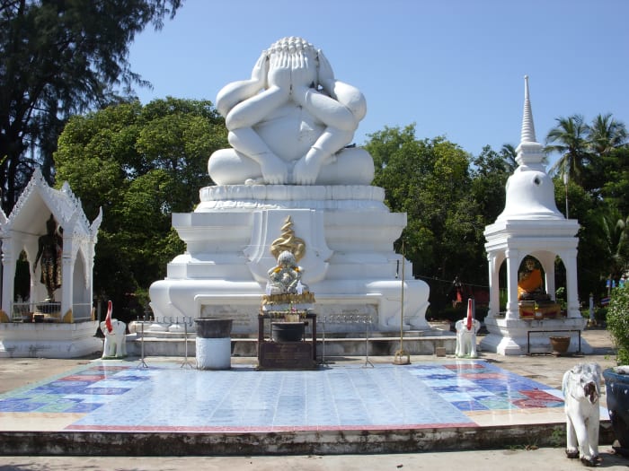 The six armed Buddha image in Cha am depicts the Buddha with hands strategically placed to resist sensual temptation.
