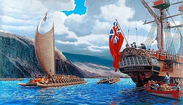 The artist, Herb Kawainui Kane's painting of King Kalaniopu'u welcoming Captain Cook into Kealakekua Bay, 1779.