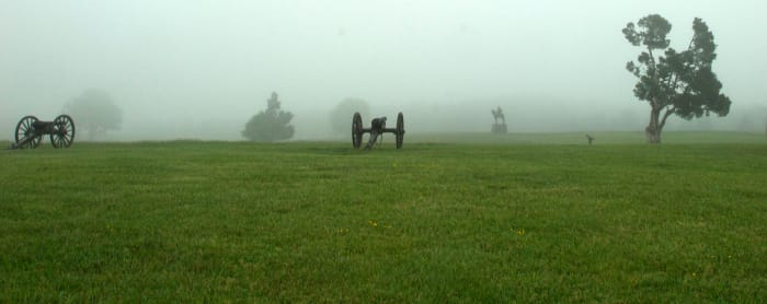 The Stonewall Jackson statue is right behind the Visitor's Center. You can see it in the background. I enjoy taking photographs of the cannons in the foreground and an interesting item like the statue in the background. Fog really helps!