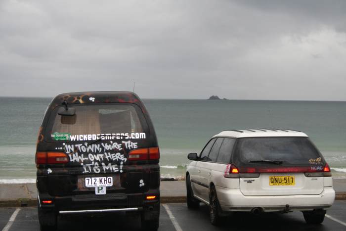 Wicked campers make a statement wherever they are. This one's by the ocean at Byron Bay on the east coast of Australia.