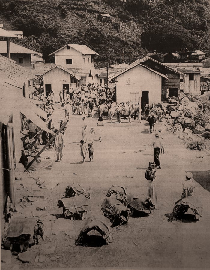 Boom days of El Rosario. Pack trains loading and unloading freight.