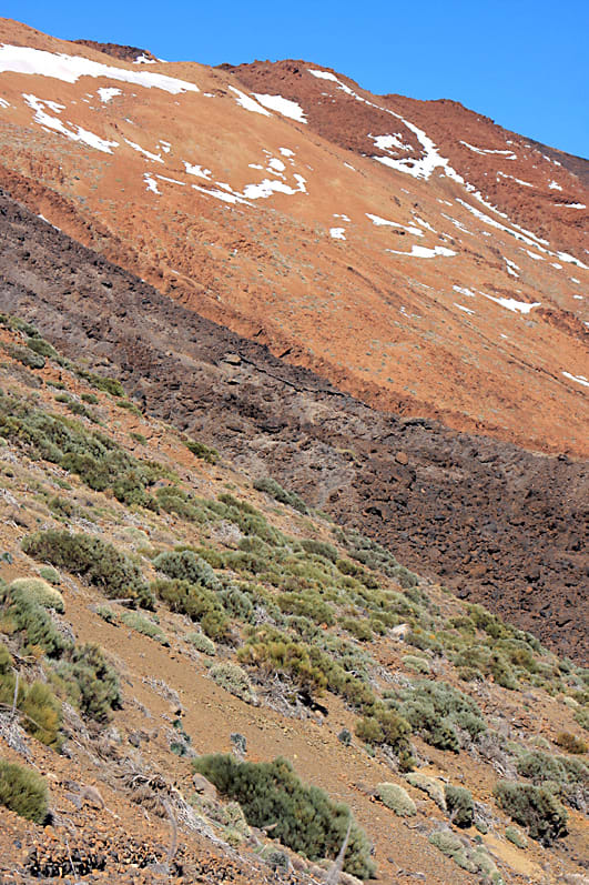 The countryside by the lower cable car station, at the foot of Montana Blanca. The dark band is lava from Teide's most recent eruption 1,000 years ago