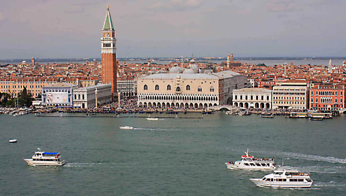 The most celebrated view of Venice and St Mark's Square, seen from the island of San Giorgio Maggiore. The Campanile or Bell Tower, and the beautiful Doge's Palace are unmistakable landmarks, and a sight not to be missed