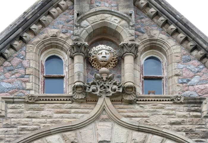 Decorative design elements on the facade of "Bishop's Palace," also known as Gresham's Castle, an ornate Victorian-style house, located on Broadway and 14th Street in the East End Historic District of Galveston, Texas