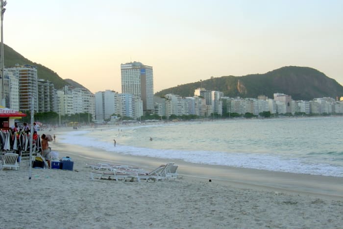 Copacabana Beach, even in late afternoon, is one of the most attractive in South America, developed with hotels, restaurants, and attractive paving stones.