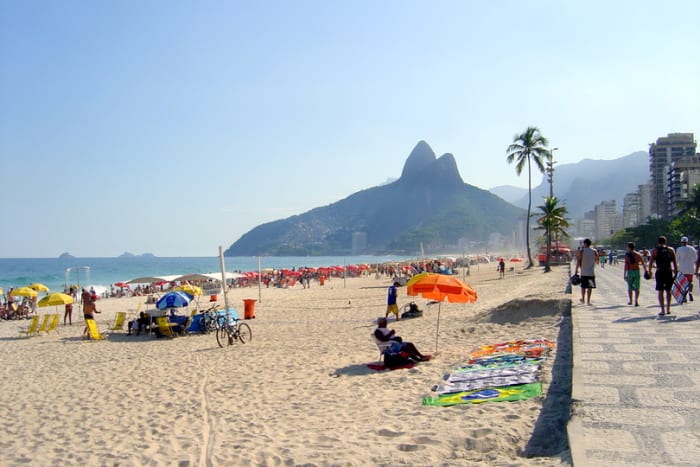 Ipanema Beach is possibly the most famous in Rio and has the wonderful Two Brothers, the peaks, in the background.