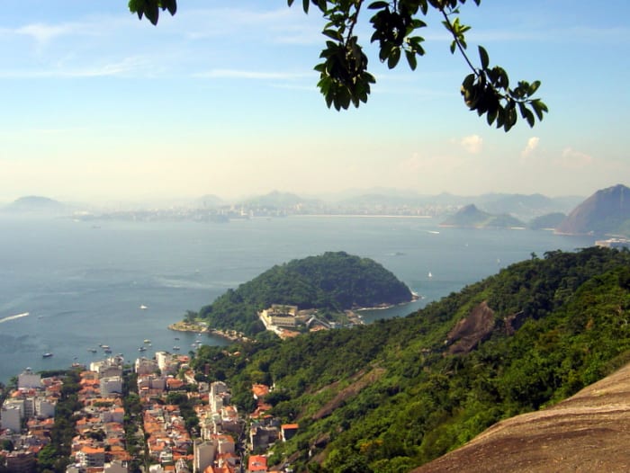 View of the Urca neighborhood, which includes homes from the Portuguese colonial era, and Guanabara Bay, from the top of Morro da Urca.