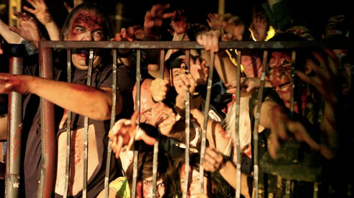 Dreaming of a zombie mob held back by fences/barriers may relate to the dreamer's defenses. Are you trying to contain what the zombies symbolize instead of confronting it?