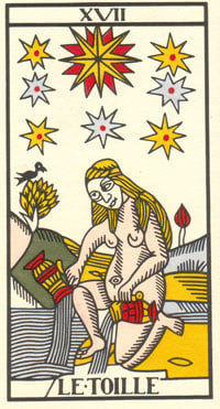"The Star," pregnant and portending "favorable events" (duh!) from the Dodal version of the eerie Marseille Tarot deck (1790), the one used in Maria's computerized readings.