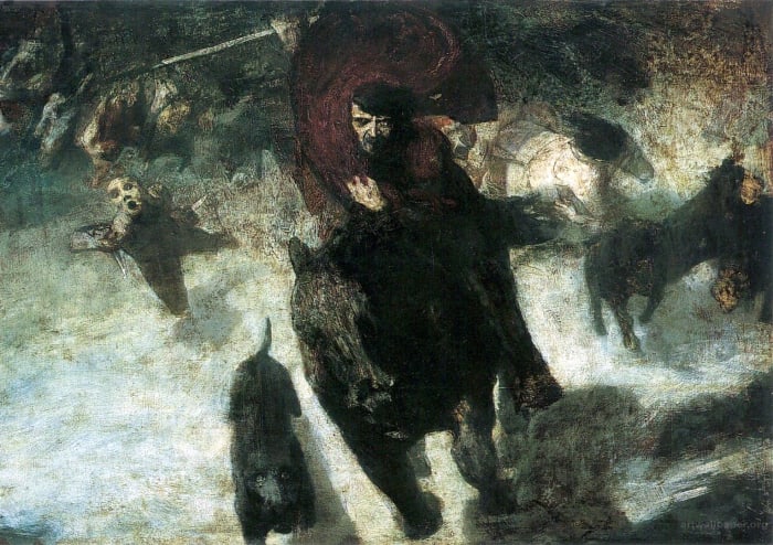 A depiction of "The Wild Hunt" that includes a black dog running beside Wotan (Odin) on horseback. By Franz von Stuck, 1889