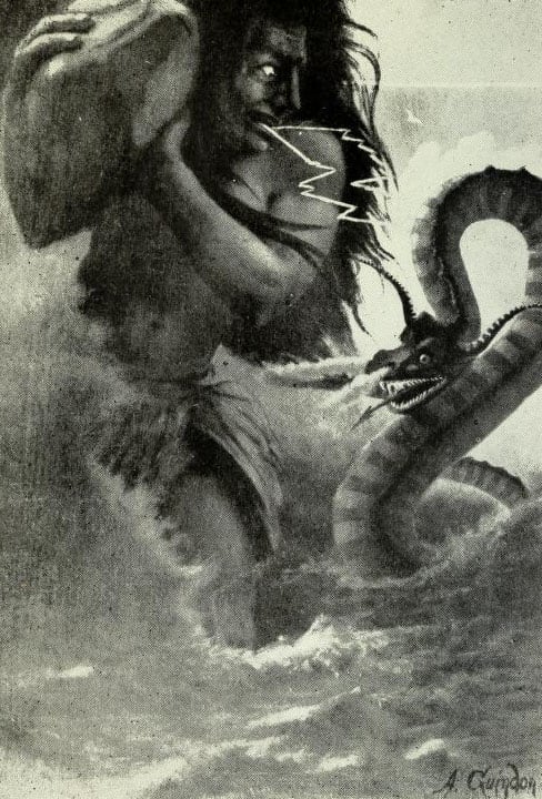 Oniare, the horned water serpent, battles the thunder god Hinon in Iroquois myth. From En Mocassins by Arthur Guindon, 1920.