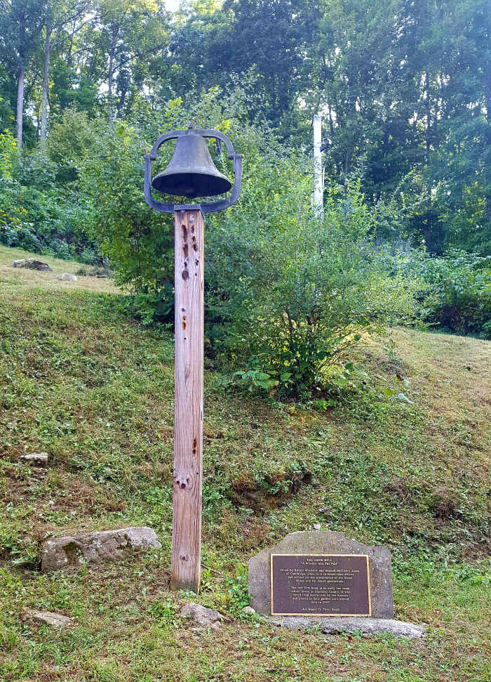 The Amos Bell. It once hung in an early one room school house in Guernsey county. Saved from destruction, it now resides here to honor the efforts and service of Robert Woodrow and Hannah McCleary Amos for the preservation of the Stone House site.