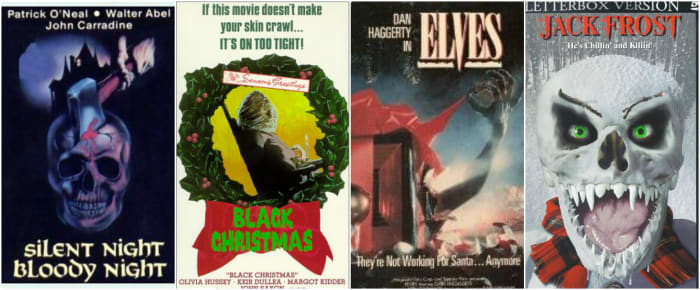 L-R: "Silent Night, Bloody Night" (1972), "Black Christmas" (1974), "Elves" (1989), "Jack Frost" (1997)