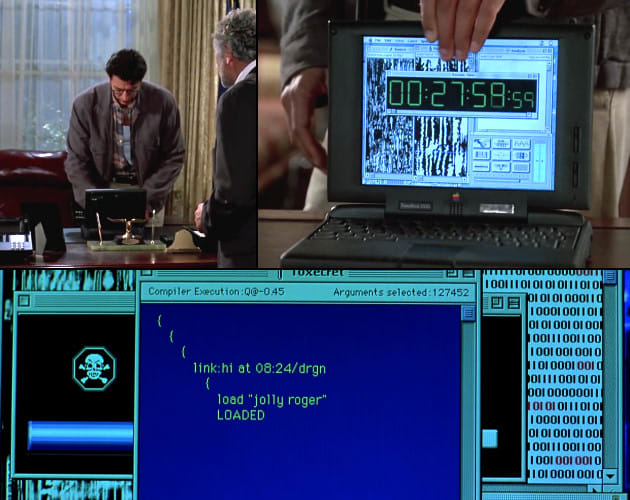 "Famous FUIs from Independece Day......(Top) When Jeff Goldblum finds out that the aliens are using satellite signals to coordinate an attack on Earth. (Bottom) Jeff Goldblum uploading "virus" to alien mother ship.