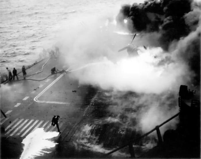 This is a real photo of a fire on an aircraft carrier during World War 2. It wasn't in the movie, but it's too good to miss!