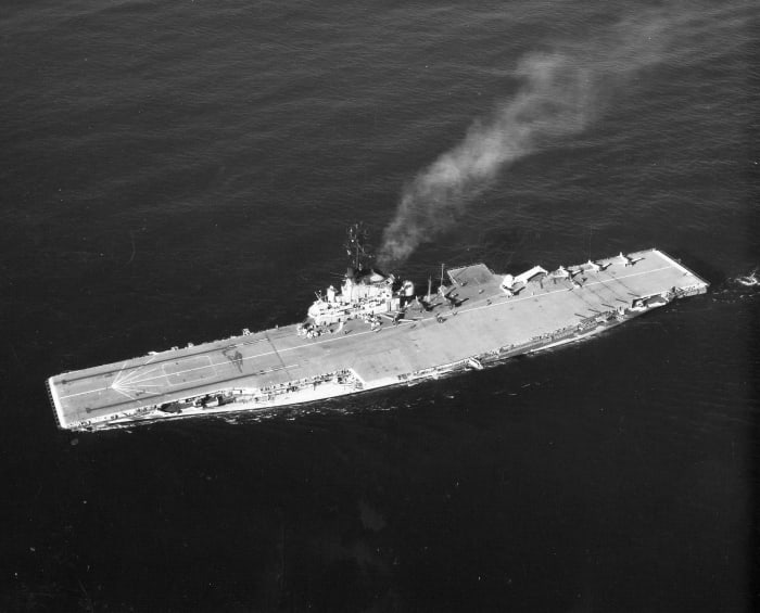 This is the USS Yorktown during the filming of Tora! Tora! Tora!, when she was dressed up as a WW II aircraft carrier.