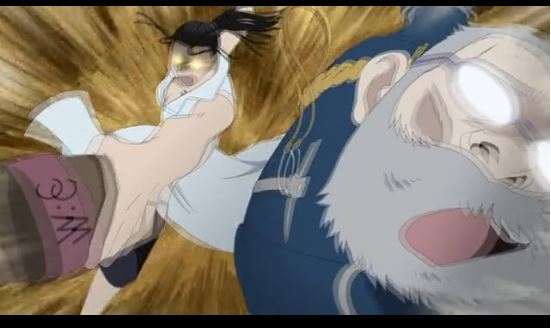 In this shot from "Fullmetal Alchemist: Brotherhood", disappearance of the pupil and the shining of the eyes is being used as a visual device to show literal "blind rage".