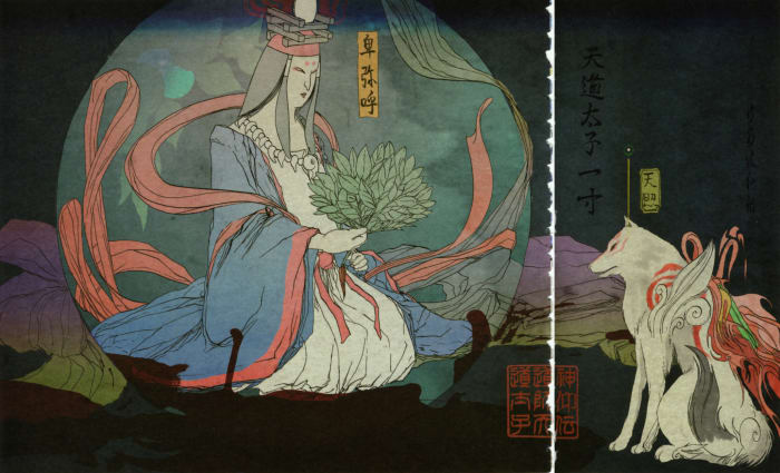 An artistic depiction of what Queen Himiko, the first known ruler of Japan may have looked like. Note the flowing garb, necklace, fan being used as a magical object/symbol of power, and an animal familiar. Features of the magical girl?