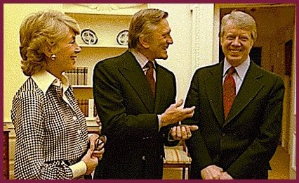A long-time liberal Democrat, Kirk Douglas and wife Anne are shown here meeting President Jimmy Carter in the White House.
