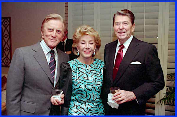 Kirk Douglas, wife Anne, and then-U.S. President Ronald Reagan at a 1987 private dinner in Palm Springs, California. Although an avowed liberal Democrat, Douglas remained good friends with fellow actor and conservative icon Ronald Reagan.