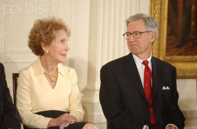 Rogers was awarded The Presidential Medal of Freedom Award July 9, 2002. Here he chats with former First Lady, Nancy Reagan
