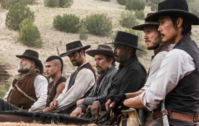 Vincent D'Onofrio, Martin Sensmeier, Manuel Garcia-Rulfo, Ethan Hawke, Denzel Washington, Chris Pratt, and Lee Byung-hun in "The Magnificent Seven."