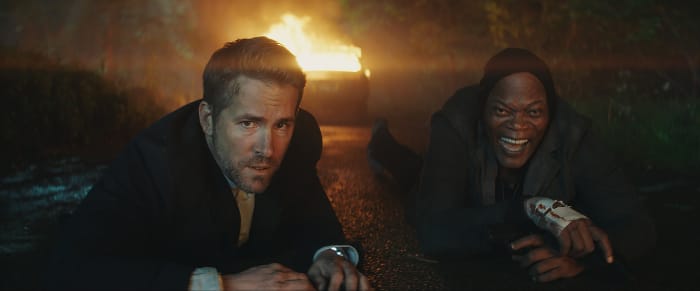 Ryan Reynolds and Samuel L. Jackson as Michael Bryce and Darius Kincaid in "The Hitman's Bodyguard."