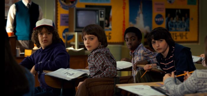 The returning party from season 1 From left: Dustin (Gaten Matarazzo), Will (Noah Schnapp), Lucas (Caleb McLaughlin), and Mike (Finn Wolfhard)