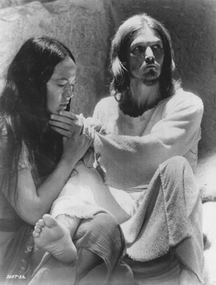 Publicity photo of American entertainers Yvonne Elliman and Ted Neeley promoting their roles in the 1973 feature film Jesus Christ Superstar. Yvonne Ellman portrayed Mary Magdalene for four years.