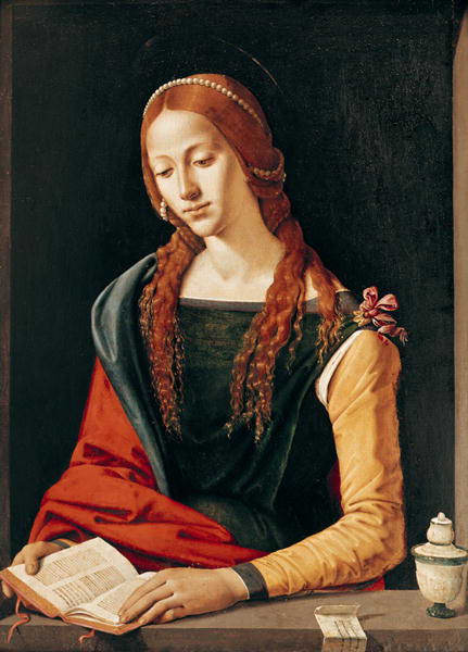 This painting by Piero di Cosimo, c. 1500-1510 is also intriguing because it portrays Mary Magdalene as intelligent and a scholar.