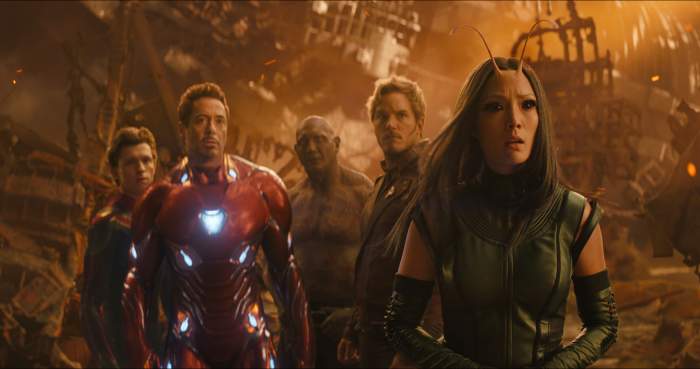 Tom Holland, Robert Downey Jr, Dave Bautista, Chris Pratt, and Pom Klementieff as Spider-Man, Iron Man, Drax, Star-Lord, and Mantis in, "Avengers: Infinity War."