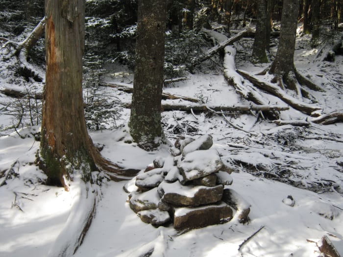 A large cairn marks the intersection in the col where the herd path meets the trail between Street and Nye.