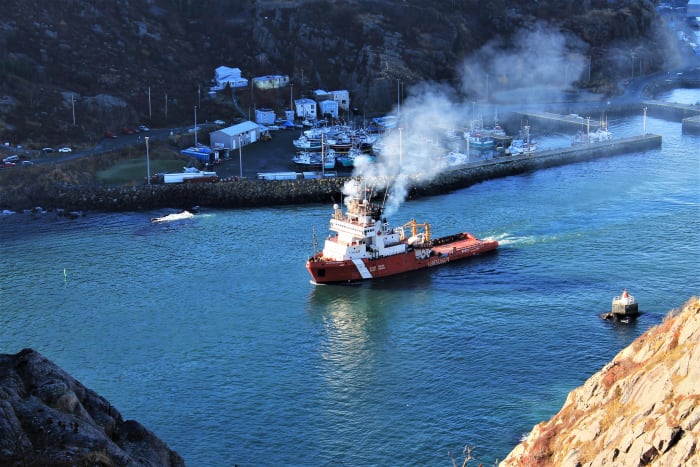 Looking Down From the Centre to Citadel Trail at a Coast Guard Vessel Passing Out Through the Narrows, St. John's Harbour.