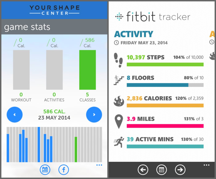 Side by Side screen shots of my Your Shape Game app (left) and my Fitbit app (right).