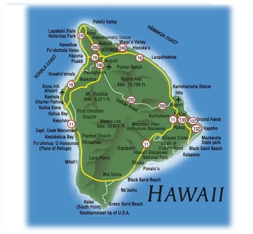 Map shows Kailua Kona on the west side of island. Old airport is a park now. There is a new modern international airport to the north.