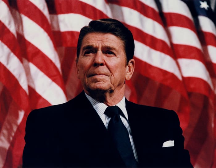 Former President Ronald Reagan in Minneapolis at a rally speaking for then Senator Durenberger on February 8, 1982.