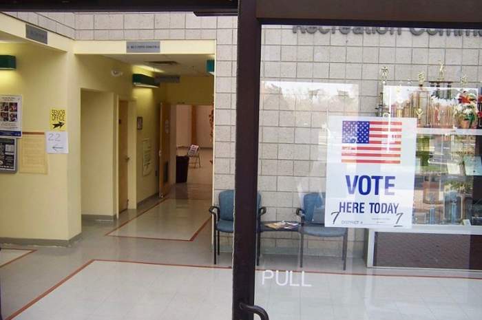 Polling place in New Jersey. Most polling places in the United States are located at schools, community centers, or churches.
