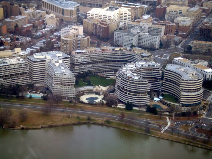 President Nixon was accused of covering up his involvement in a break-in at the Watergate complex (pictured). The Watergate scandal is an example of a real conspiracy, eventually leading to Nixon's resignation in 1974.