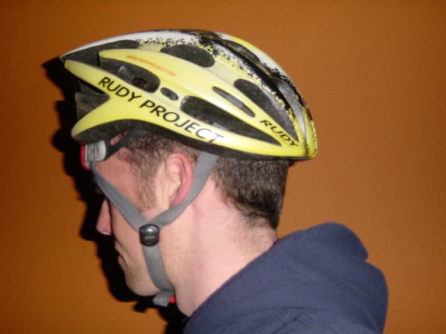 Maybe you're laughing, maybe you're wondering what's wrong here. Well this helmet is on backwards. Pointy end goes at the back,