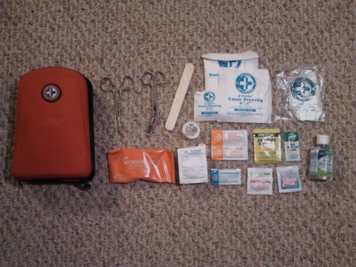 From left to right: first aid kit, surgical scissors, tongue depressor, sterile gauze, gloves, CPR mouth mask, itch and insect ointment, aspirin, sanitary wipes and hand sanitizer.