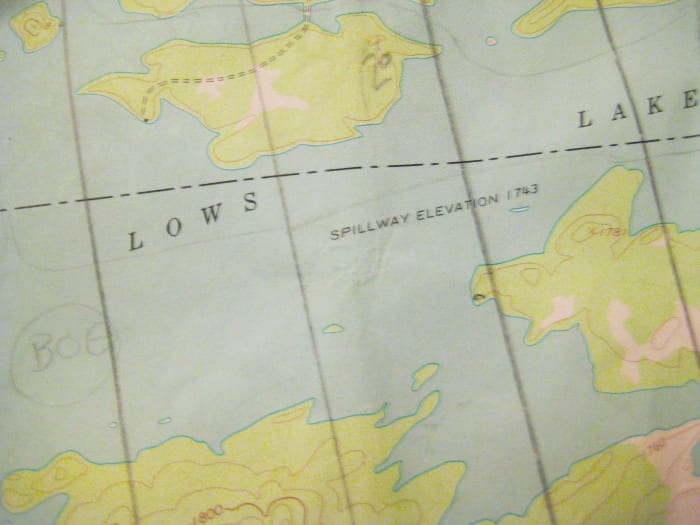 This map of Lows Lake had meridian lines drawn across it to correct for declination.