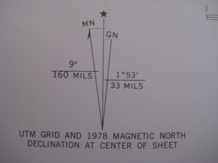 The magnetic declination of this area is 9 degrees west; however, look at the publication date.