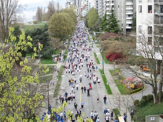 Walkers in the Vancouver Sun Run, a 10km run or walk that can be either competitive or non-competitive, depending on a person's goals.
