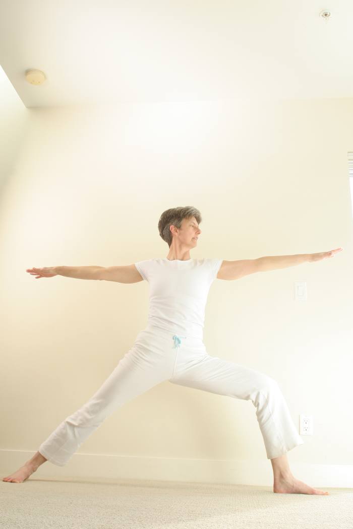 Warrior 2, or Virabhadrasana 2. Keep sinking the hips as you exhale, and press the bent knee back to keep the knee over the ankle, and the shin close to vertical.