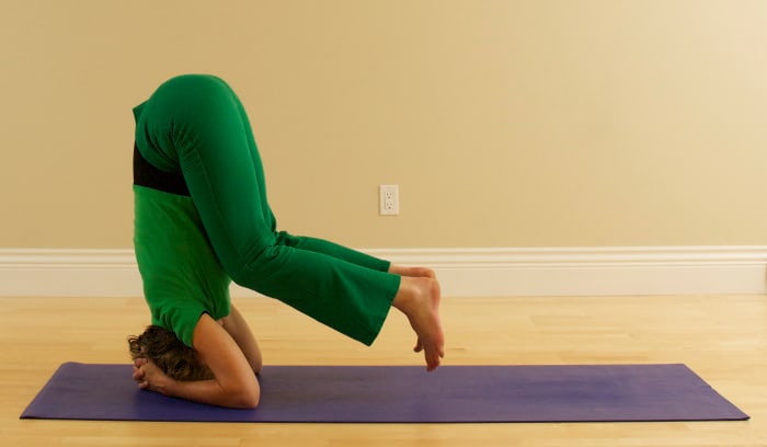 Headstand Sirsana Step 5: Transfer the weight to the arms. This is Half Headstand. If this is enough for you, stop here and then go back into Child Pose. As you develop strength and confidence, the remaining steps will be easy.
