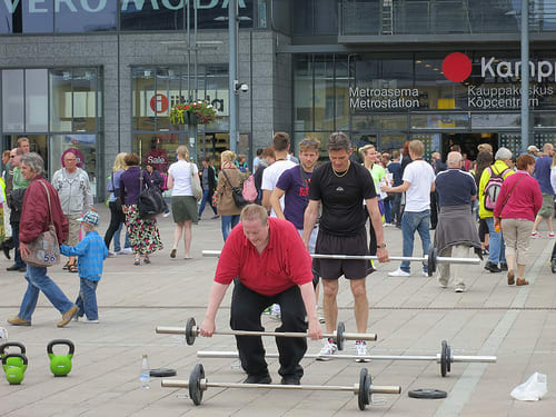 With big lifts, correct technique is important - unlike here. When deadlifting, keep your chest up and imagine you are trying to hold an orange under your chin. Drive through your heels and use the mirror to check your form - same for the squat.