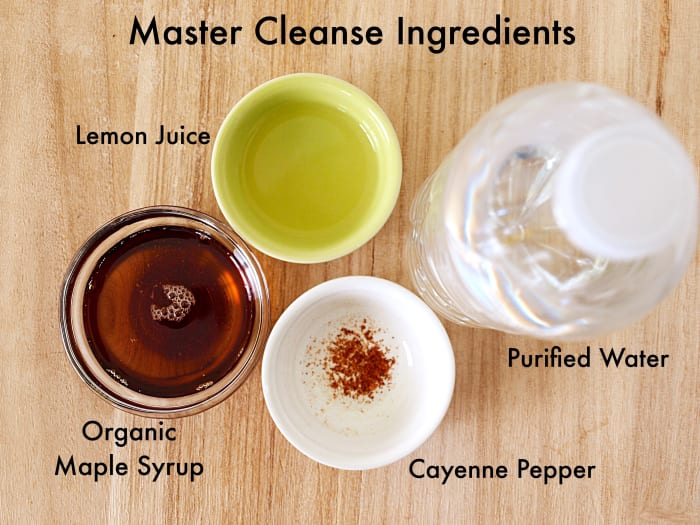 The recipe for Master Cleanse Lemonade requires four ingredients: a high-quality maple syrup, lemons, cayenne pepper, and purified water.