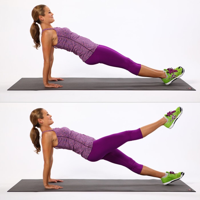 Reverse Plank with Leg Lift Demonstrated by Pretty Girl in Purple Fitness Gear and Green Athletic Sneakers