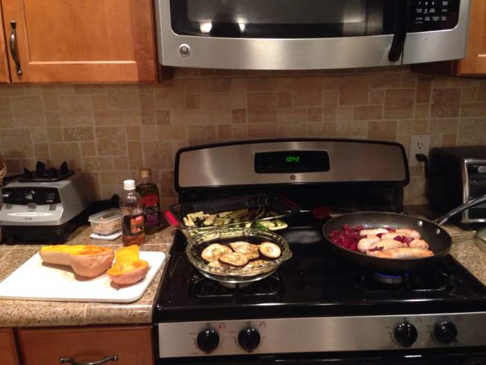 Meal prep Sunday: Sausage, cabbage & onions; Sauteed eggplant and zucchini; Roasted butternut squash