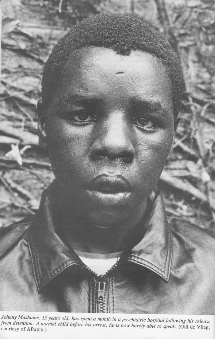 Johnny Mashiane, a 15 years old, has spent a moth in a psychiatric hospital following his release from detention. A normal child before his arrest, he is now barely able to speak